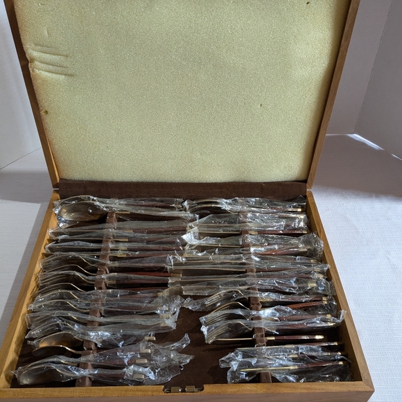Flatware set VTG Rosewood & Bronze 36 pieces wood case MCM Jean Claude Utensils - Picture 3 of 16